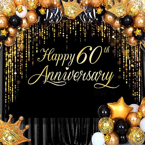 Image of Happy 60th Annverisary Background Decorations Black Gold Backdrop Banner, Large Black Gold Photography Background Suitable for Wedding Anniversary Party Birthday Party Decoration 84 * 60''