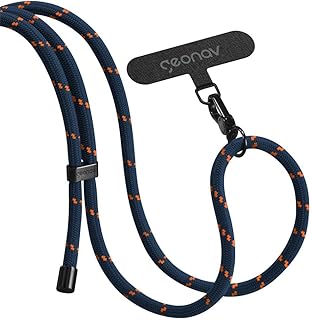 Geonav Cordão de pescoço universal para celular, encaixa em todas os modelos de capinhas, alça ajustável, 1.6 m, lavável, poliéster, evita quedas, CDUM02, azul com laranja