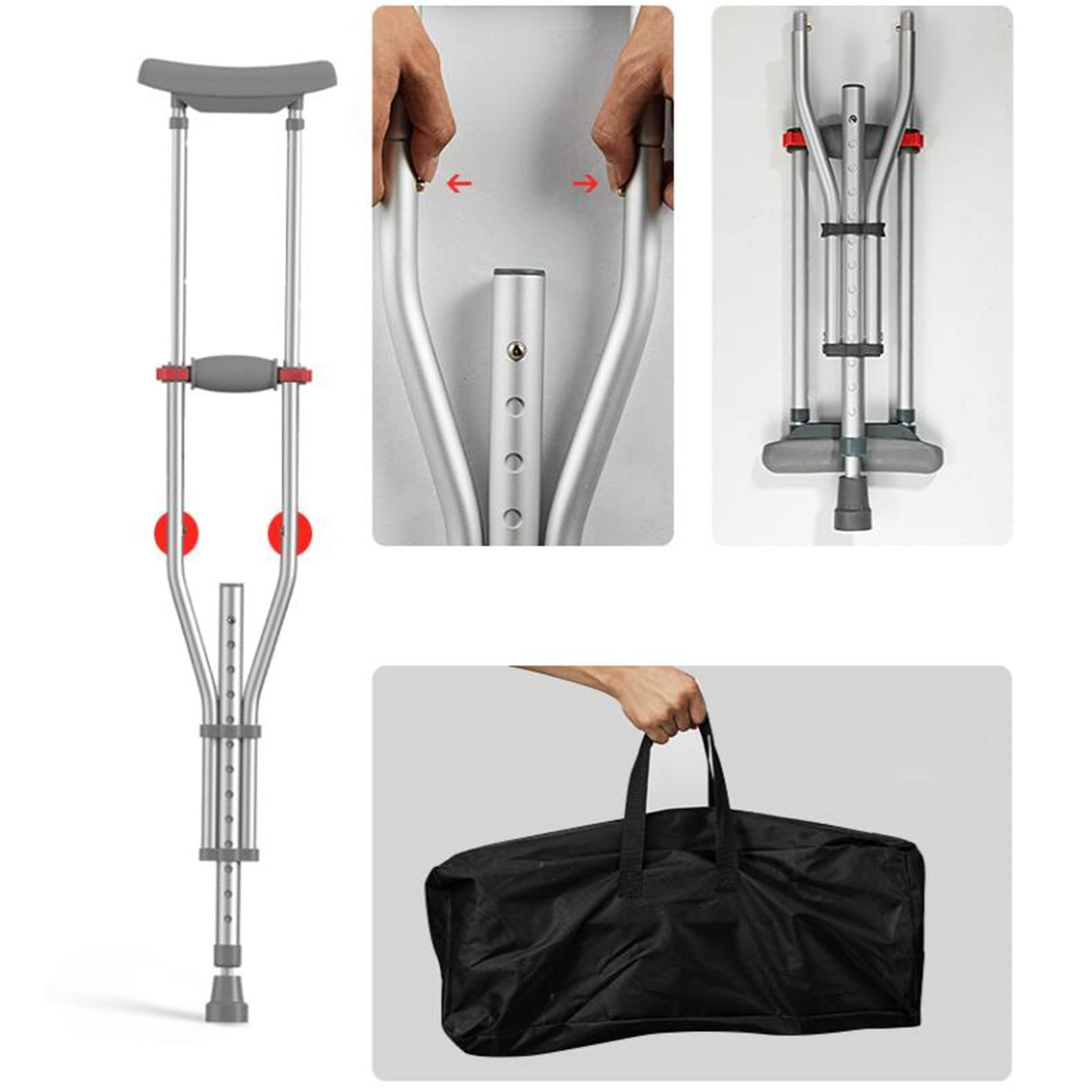 Laska do chodzenia pod pachami, składane kule dla dorosłych niepełnosprawnych osób starszych, regulowane kule pod pachami, lekkie aluminiowe kule medyczne, srebrna (1 para)