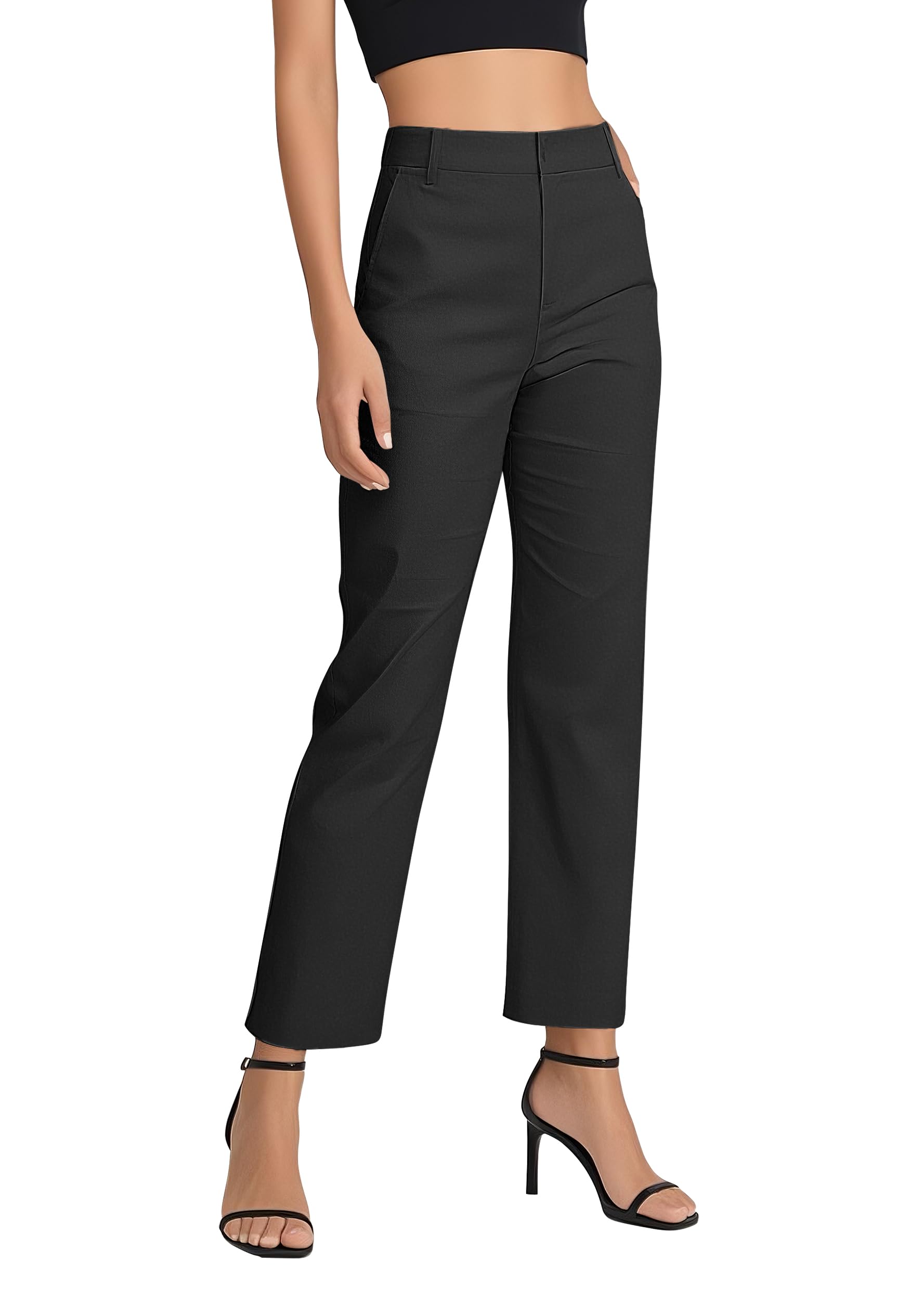 EXCHIC Donne Business Casual Elastica Vita Gamba Dritta Pantaloni con Tasche