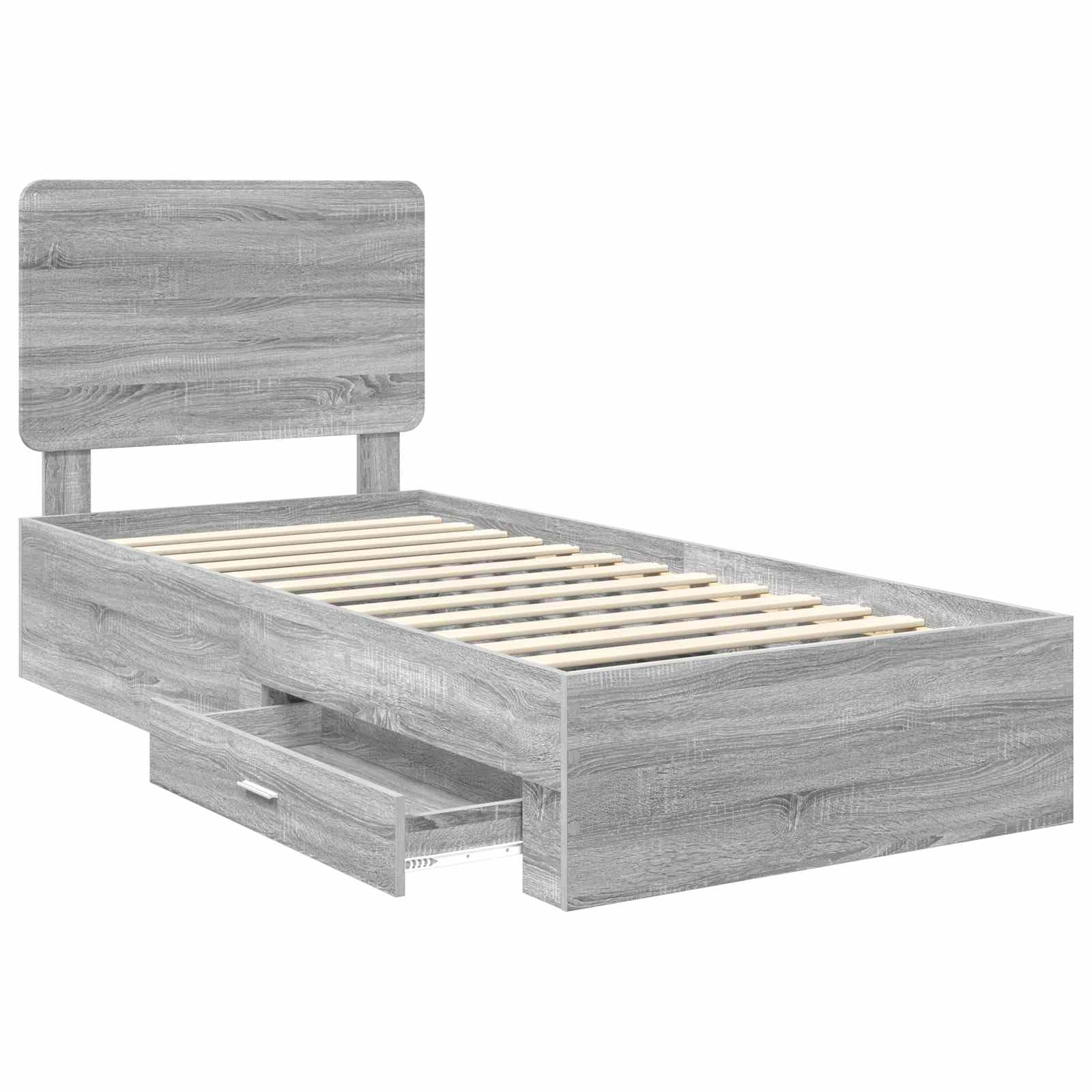Letto Singolo con Contenitore Grigio Sonoma 75x190 cm Legno Multistrato con Cassetti e Testiera per Cameretta e Ospiti Design Moderno armadio Struttura Letto con Contenitore