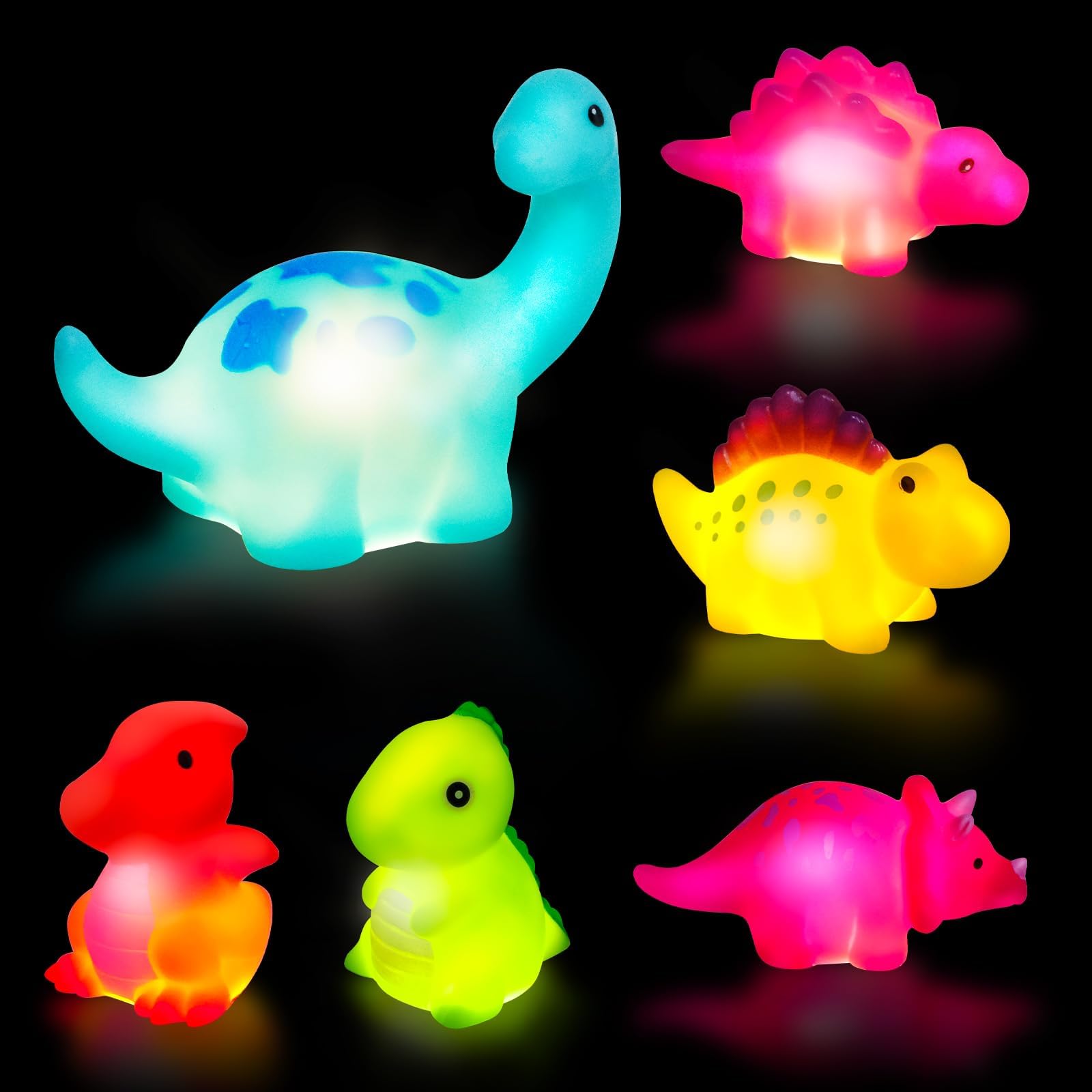 Jiosdo Baby Bath Toys, 6 PCS LED Kids Sensory Toys, Liquid Sensor Light Up Dinosaur for Autism