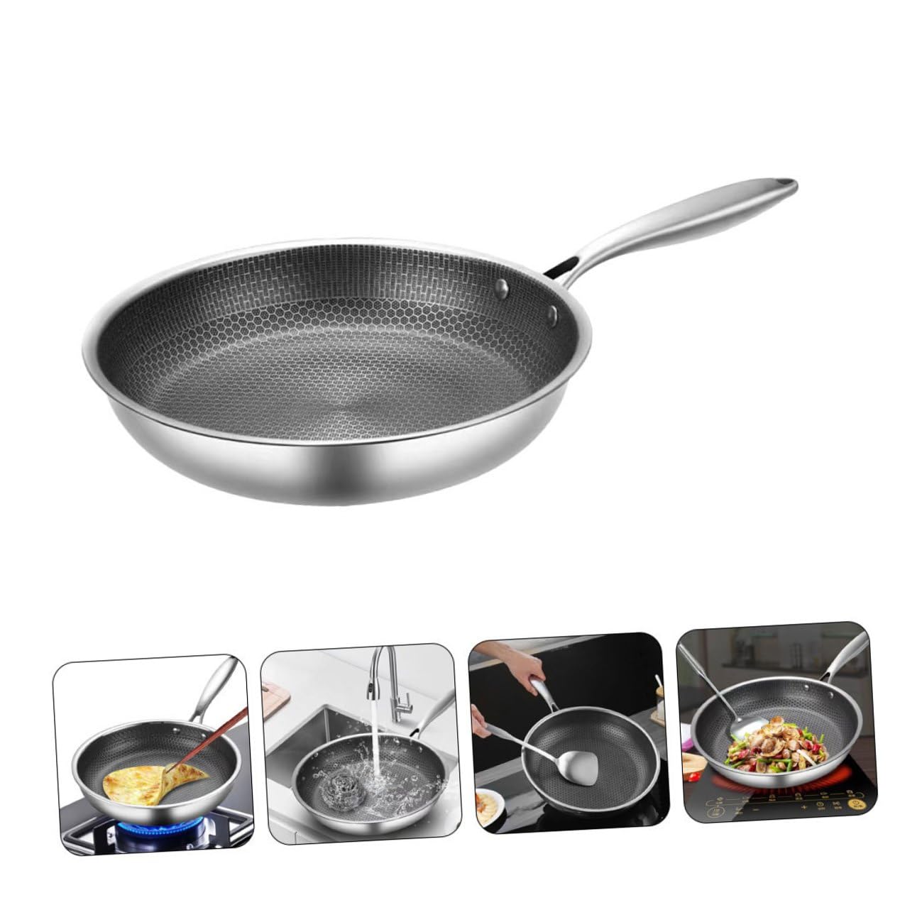 Gadpiparty Padella Antiaderente Nido D’ape in Acciaio Inox 28 Cm, Padella Piccola per Friggere Uova e Bistecche Fondo Piatto e Impugnatura Ergonomica, per Uso Domestico su Tutti i Fornelli