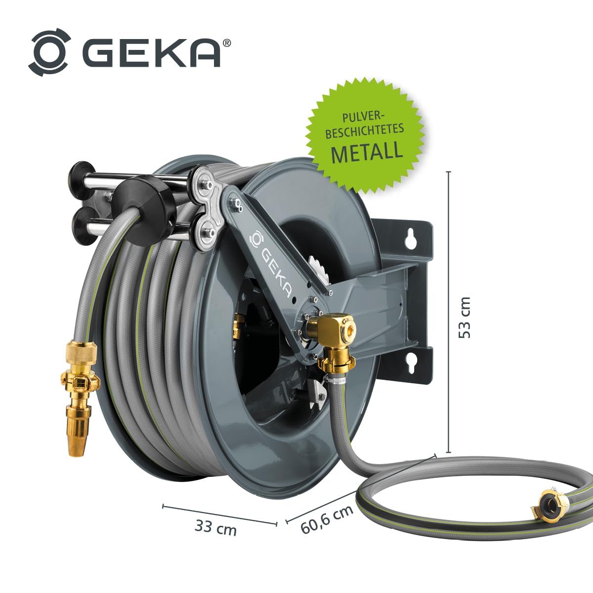 GEKA plus Automatischer Schlauchaufroller PA30SK (robuster Schlauchaufroller, Stahlkonstruktion, autom. Rückzug, schrittweise Arretierung, mit 30 m Wasserschlauch), Grau