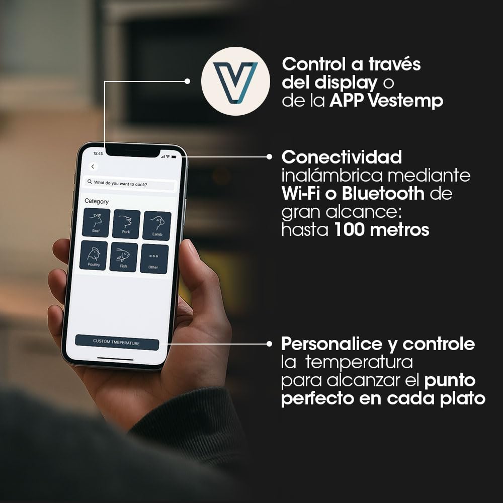 Vesta Precision Vestemp BP20 Termómetro de Carne Inalámbrico para Barbacoa | Sonda de Cocción Inteligente con Bluetooth y Wi-Fi, Pantalla LED, Apto para Lavavajillas, Batería de 72h, Triple Sensor