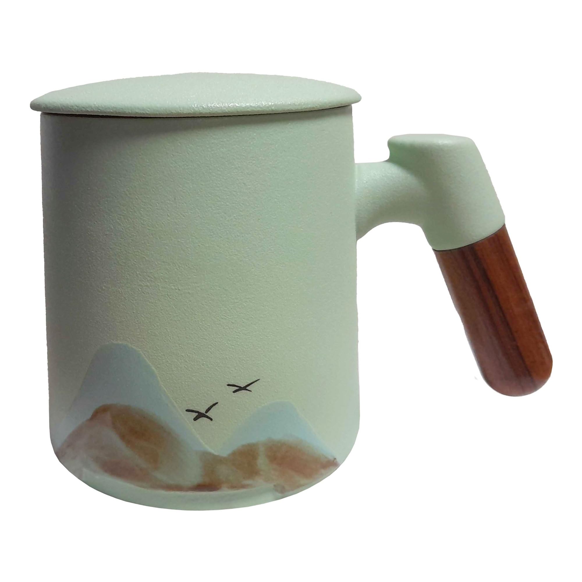 Laurel & Mason 400ml Ceramic Coffee Mug 14oz with Wooden Handle and Lid, Pottery Cup for Home and Office, Christmas Birthday Gift (Light Green)