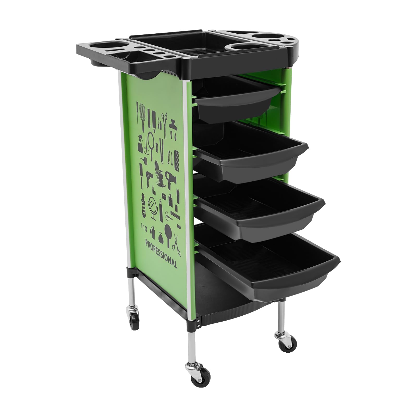 Chariot de coiffeur noir avec tiroirs sur pied rectangulaire pour salon de maquillage