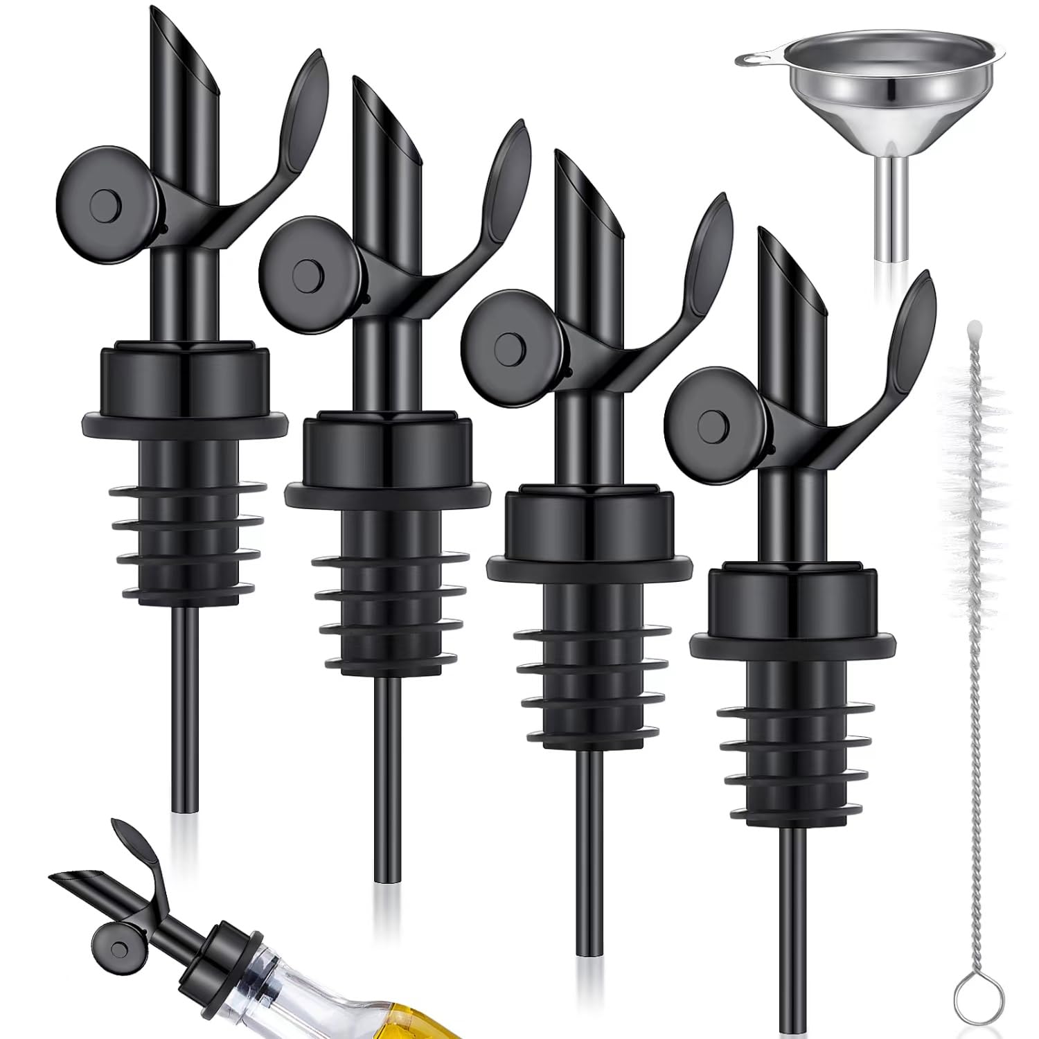 Tioncy 4 Pieces Weighted Stainless Steel Pourers Olive Oil Spout Olive Oil Dispenser Spout Automatic Opening and Closing with Funnel and Brush for Pouring Wine Syrup Kitchen(Black)