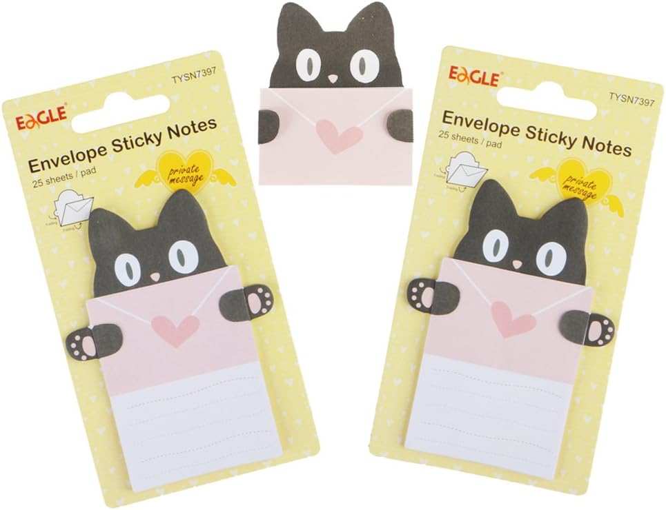 Eagle Cute Cartoon Envelope Sticky Notes, Self-Adhesive, Fold-able, for Private Messaging, Memo Pad, 2-Pack, 50 Sheets in Total (Cat)