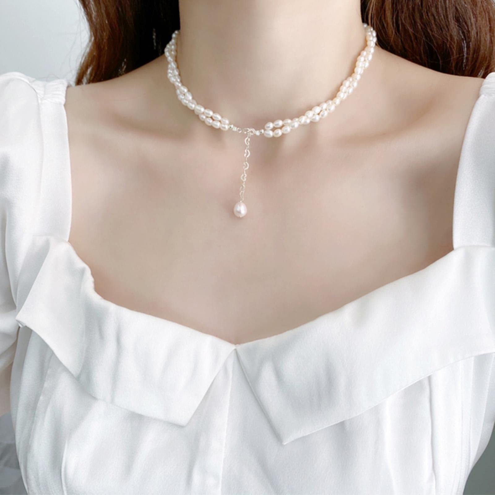 LOKILOKI Collana Doppia di Perle d'Acqua Dolce Naturali Gioielli di Moda da Donna in Argento Sterling 925