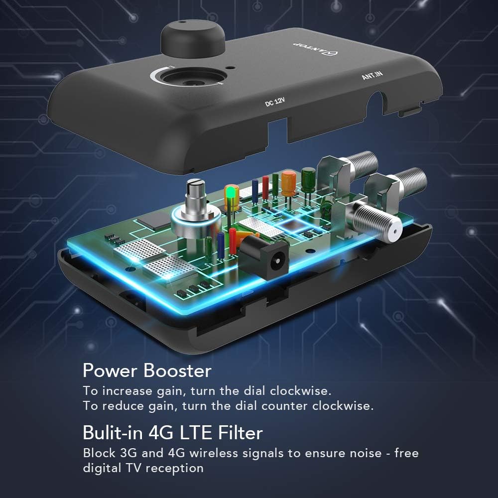 Intern view of the ANTOP Smart Boost Amplifier, highlighting the power booster components and the built-in 4G LTE filter.