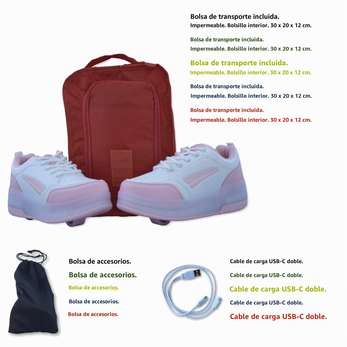 Zapatillas Deportivas con Dos Ruedas y Luces LED. Recargables, 16 Efectos de Luces. Rueda Trasera automática. Blanco/Rosa pálido. Talla 34
