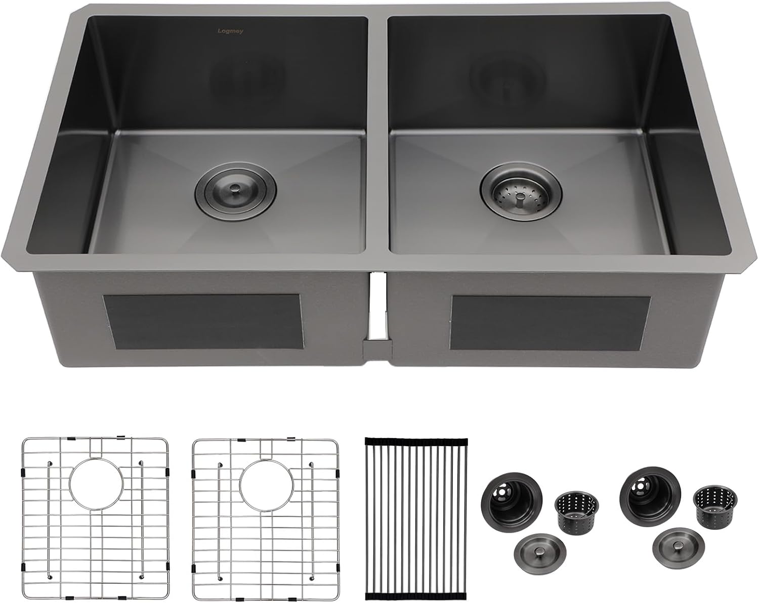 Logmey 33x19 Gunmetal Black Double Bowl Kitchen Sink 50/50 Undermount