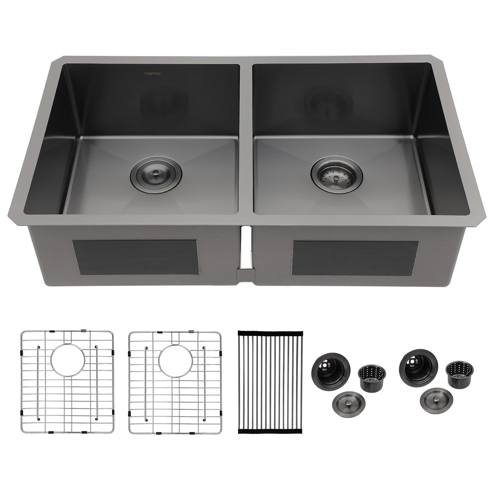 Logmey 33x19 Gunmetal Black Double Bowl Kitchen Sink 50/50