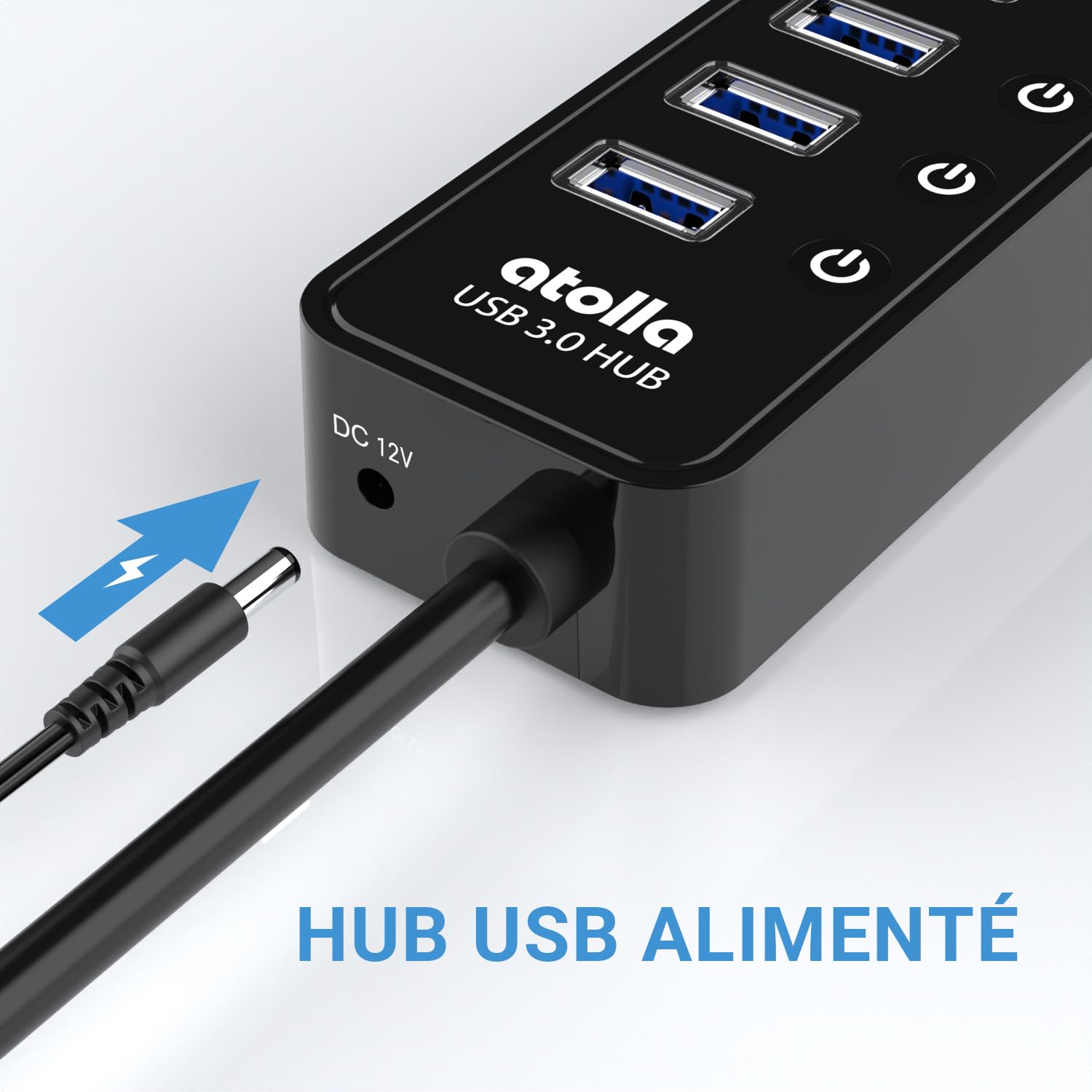 Hub USB alimentato, atolla Hub USB 3.0 Multipresa a 10 porte con interruttori e LED di alimentazione individuali Adattatore 12 V/2.5 A per tastiera, mouse, stampante, driver duri, ecc.