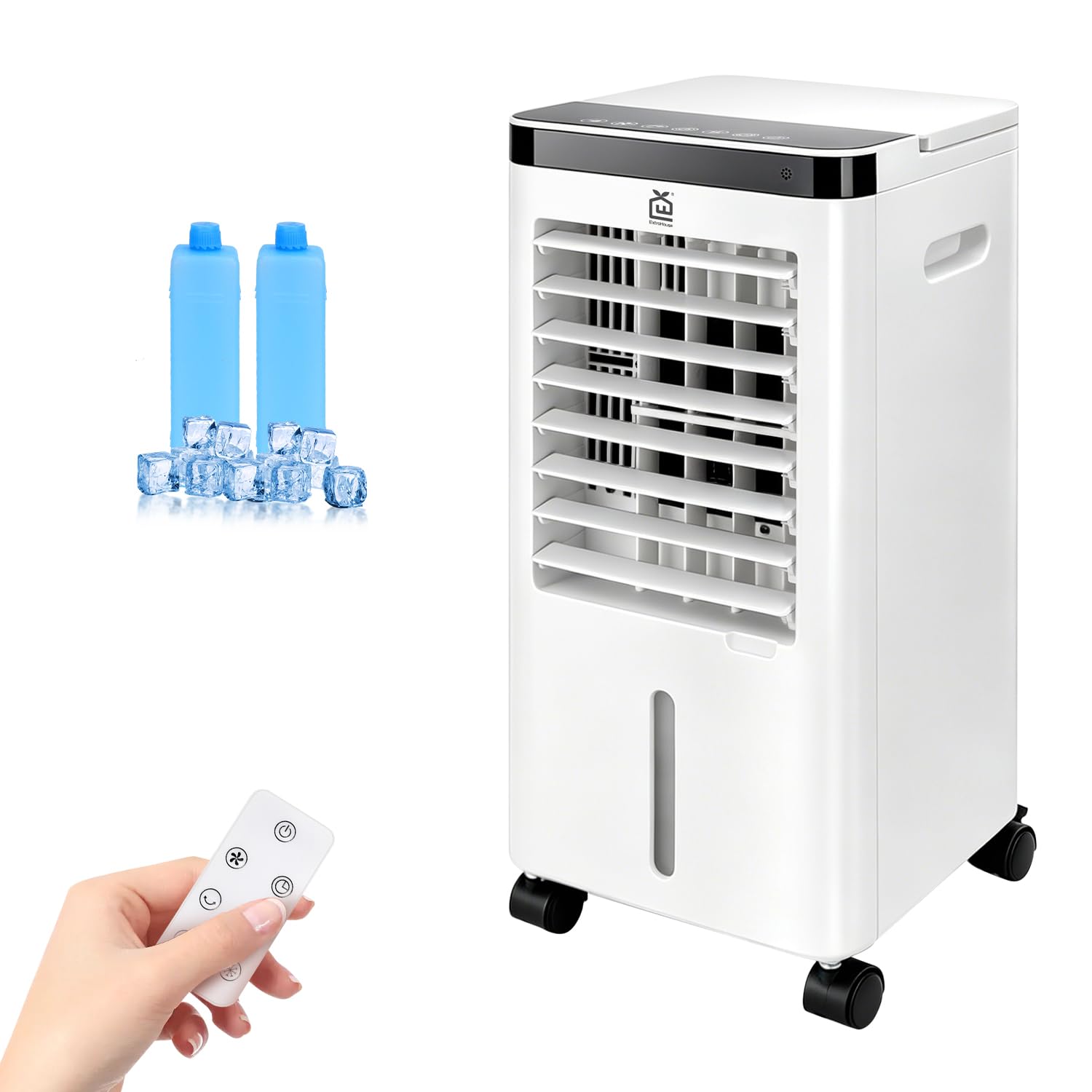 Climatizador Evaporativo 3 En 1, 65W, Función Fría, 3 Velocidades, 3 Modos, Panel Táctil, Depósito de 5L, Temporizador 12h, Filtro Lavable, Mando a Distancia, Incluye 2 acumuladores de frío