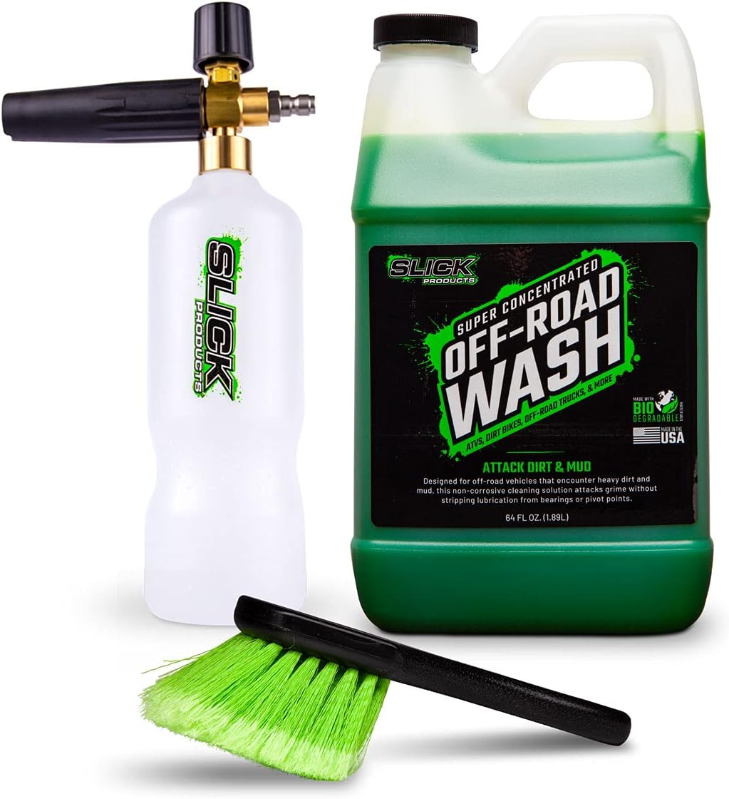 Slick Products Pressure Washer Foam Cannon, Scrub Brush, and Off-Road Wash Super Concentrated Extra-Thick Soap Removes Heavy Dirt and Mud From Dirt Bike, ATV, UTV, Side x Side and Truck (64 oz.)