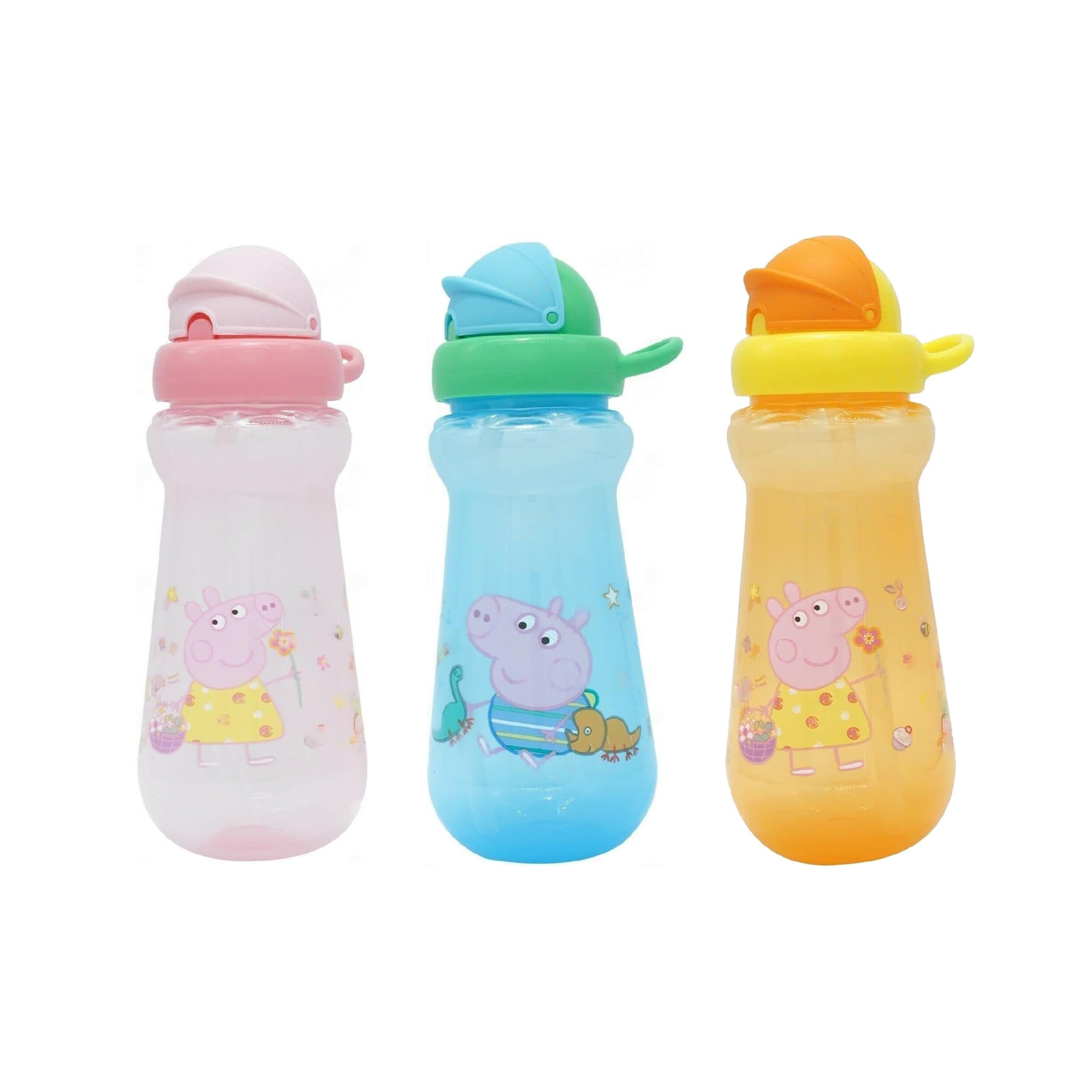 Peppa Pig Water Bottle, 3 Pack Pink Blue Orange Colourway Pack 340ml BPA Free 6M+ Straw Sipper for Toddlers, Reusable Non-Spill School Nursery Bottle Set