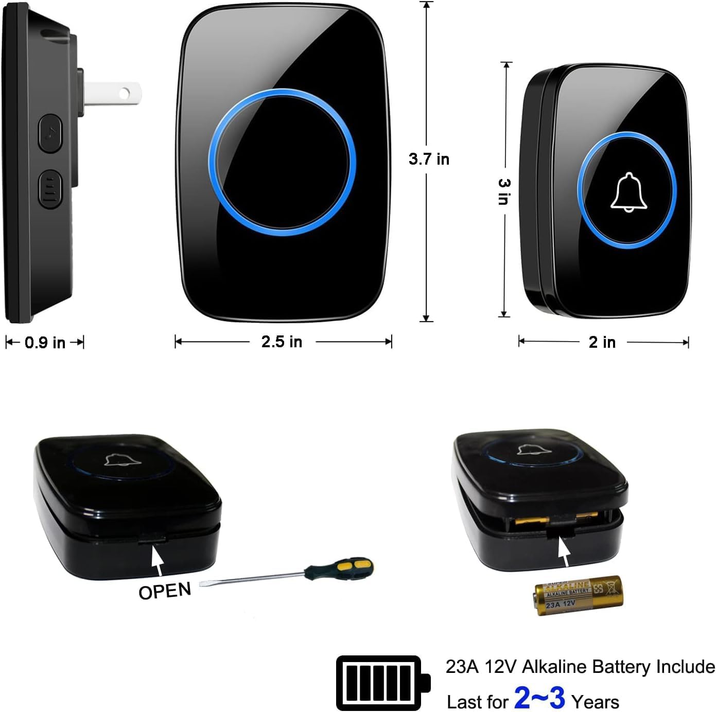 Diagram showing how to open the push button and replace the 23A 12V alkaline battery