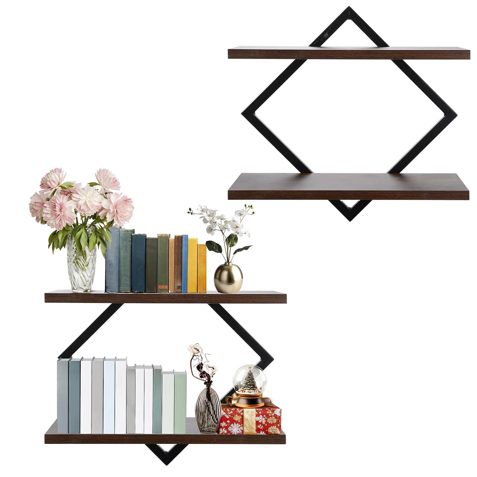 Winmist Glimpse 2 Rustic Floating Shelves 38 * 38CM Wall Mounted Shelves Wooden Book Shelf for Living Room Bedroom Bathroom Decorative Wall Shelf for Plants Storage Display Holder (Diamond Shaped)