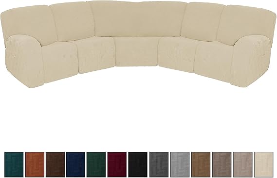 7-Piece Jacquard Stretch Reclining Couch Covers 5 Seats Corner Sofa Cover L Shape Sectional Recliner Sofa Covers for Sofa Anti Slip Furniture Protector Thick Soft Washable (Beige)
