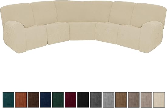 7-Piece Jacquard Stretch Reclining Couch Covers 5 Seats Corner Sofa Cover L Shape Sectional Recliner Sofa Covers for Sofa Anti Slip Furniture Protector Thick Soft Washable (Beige)