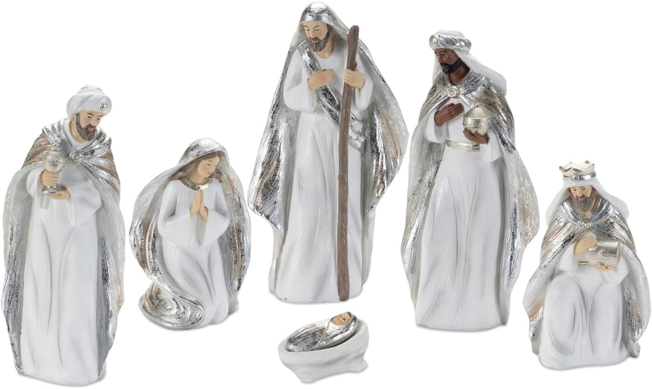 Melrose International Nativity Set Resin Figurine - White & Silver Christmas Decor 1" - 9" H - 6 Piece