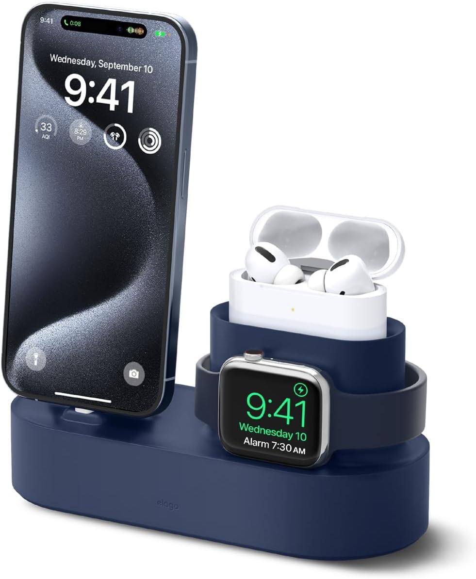 elago 3 in 1 Charging Station Compatible with Apple Watch Series 11/10/9/8/7/6/5/4/3/2/1/SE3/SE2/SE1, Apple AirPods Pro 2/1, AirPods 3/2/1 and All iPhone Models [Original Cables Required]