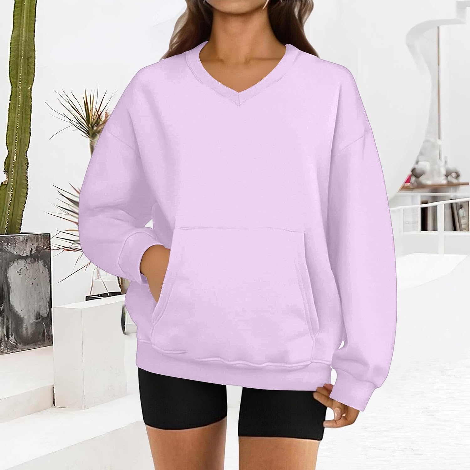 Ladies Sweatshirts, Oversized V Neck Sweatshirt Long Sleeve Solid Comfy Pullover Top with Pocket, S-2XL