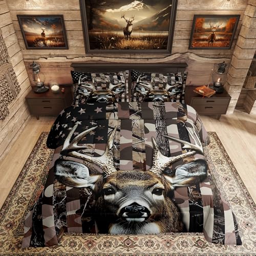 Erosebridal Deer Comforter Set for Kids Boys Girls,American Flag Camo Bedding Set Twin,Hunting Down Comforter,Wildlife Elk Moose Reversible Bed Set with 1 Pillowcase Lightweight
