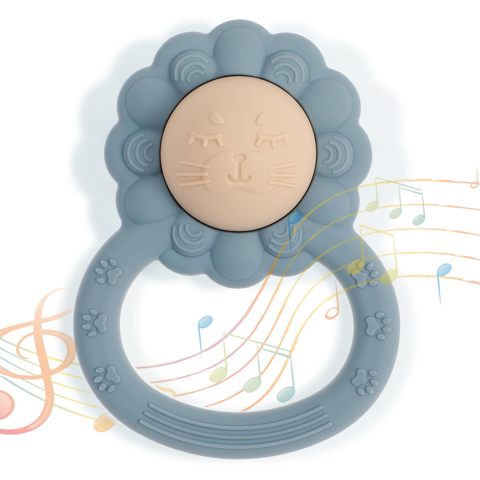 Dirbabi Rattle Teether, Lion Shape Montessori Baby Sensory Teething Toys, Food Grade Silicone BPA Free, Newborn Essentials Must Haves (Shifting Sand Ether)