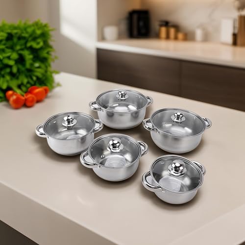 Miniatura 3 de Juego de utensilios de cocina de acero inoxidable, 5 ollas y sartenes con tapas de vidrio, diseño apilable, asas de calor para cocinas de inducción,
