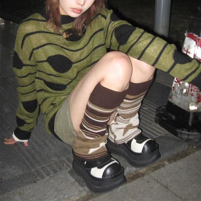 Harajuku Leg Warmers Y2k Two Side Wear Star Knitted Striped Goth Leg Warmers Streetwear Kawaii Lolita Socks - Image 3