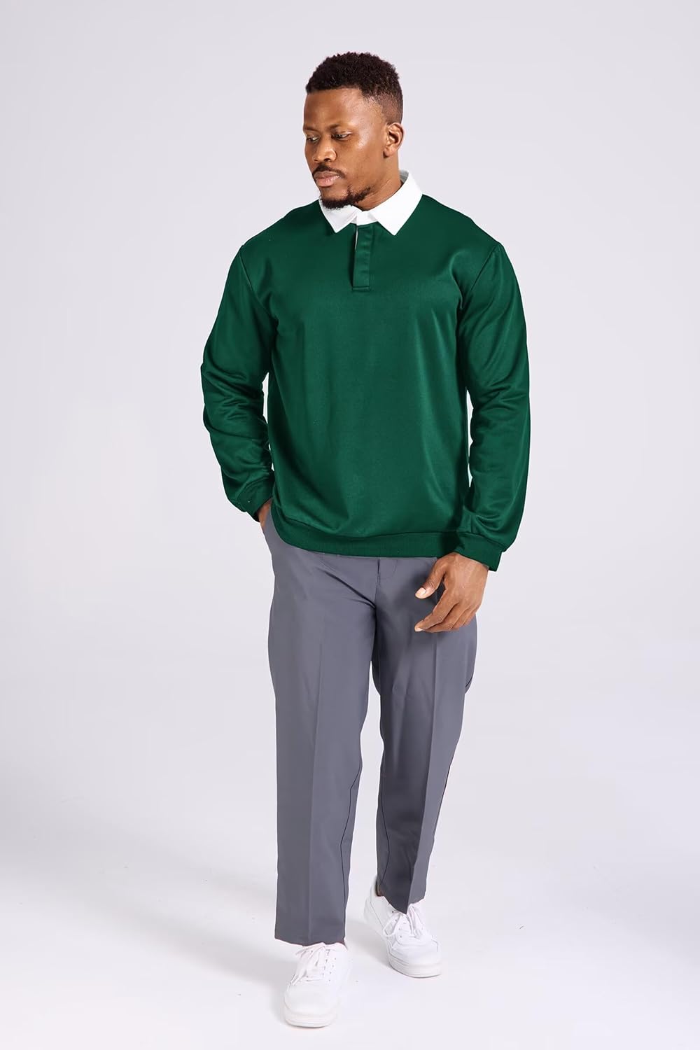 Mens Long Sleeve Polo Shirt Button Down Classic Pullover Sweatshirts for Men Polos with Contrast Collar - Image 5