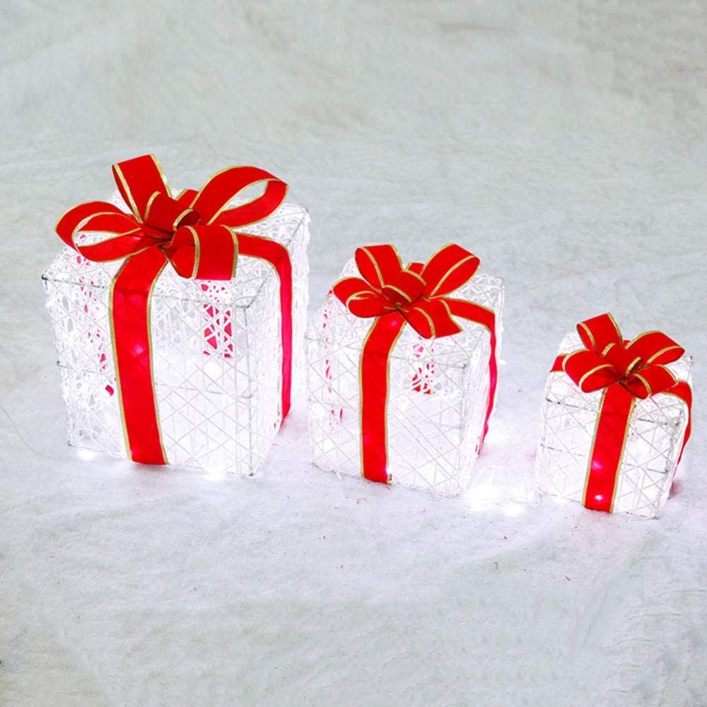 Cajas de regalo para Navidad, Juego de 3 cajas de regalo LED con iluminación decorativa navideña, hierro con lazo, juego de paquetes navideños cálidos(Silver)