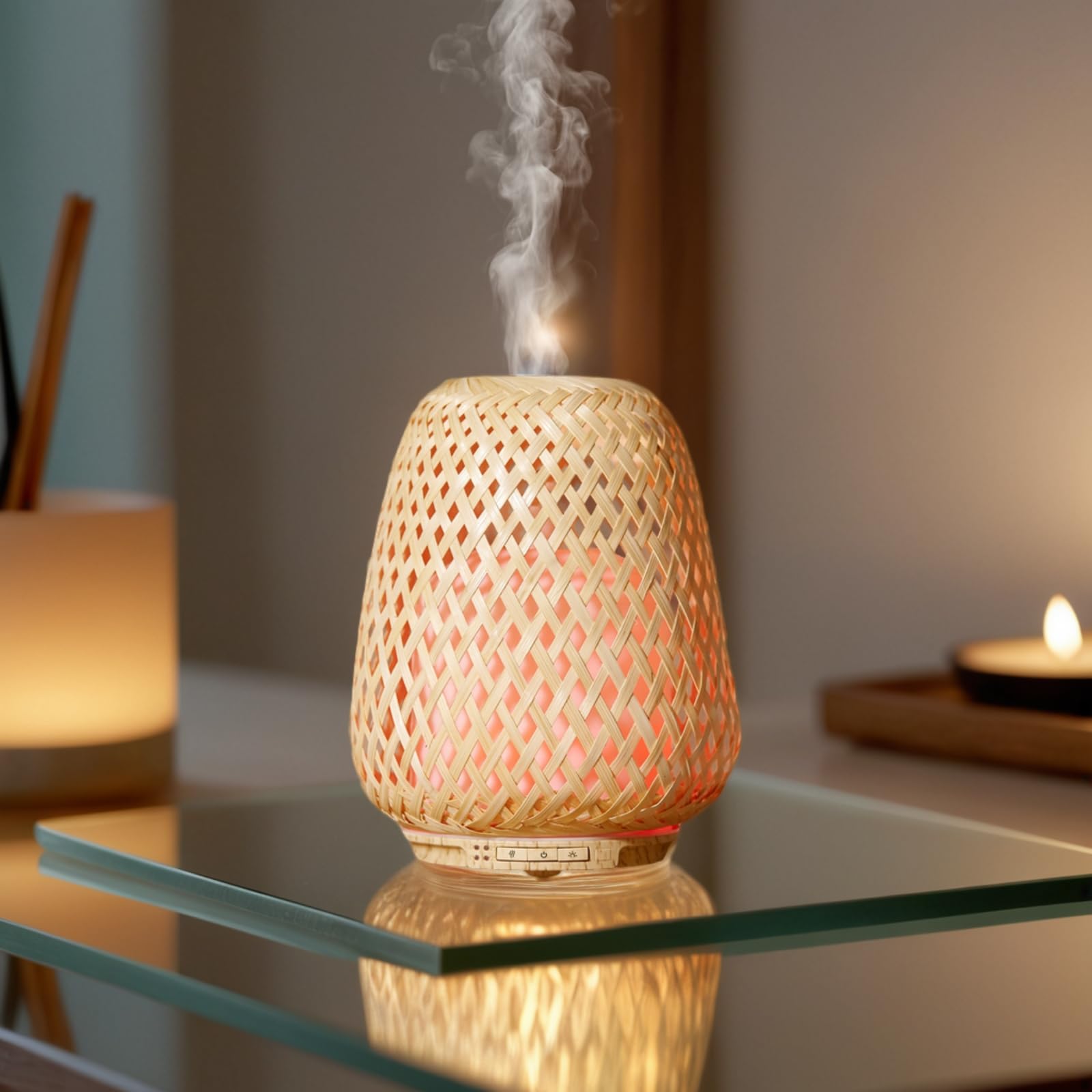 Zen'Arôme SC21-25S - Difusor de aceites Esenciales ultrasónico Olaki (hasta 40 m²) - Difusión en frío para aromaterapia, diseño Artesanal Zen de bambú Trenzado, iluminación Regulable, Madera