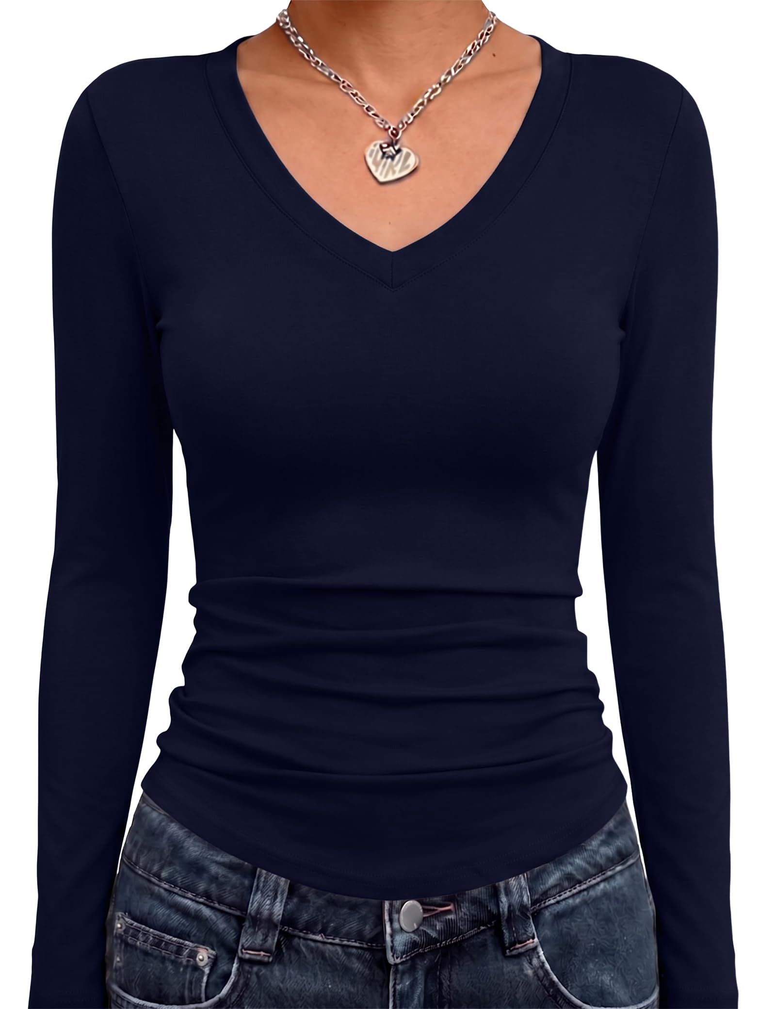 Totatuit Langarmshirt Damen V Ausschnitt Basic Oberteile Langarm T-Shirt | Weiches Elastisches Leichtes Geschwungener Curved Hem Alltag Büro Frühling Herbst Layering Figurbetont Stretch Damenoberteil