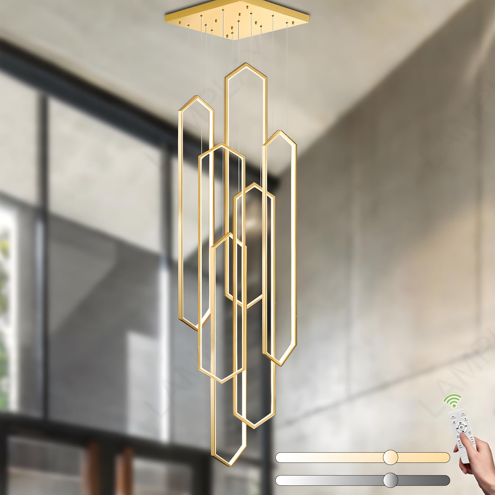 Nowoczesny Żyrandol, 6 Złote Pierścienie Diamentowe LED, Regulowany Żyrandol Willi, Zdalne Sterowanie Oświetleniem Salonu 3000K-6000K Ściemnianie, Korytarz, Salon, Schody, Willa