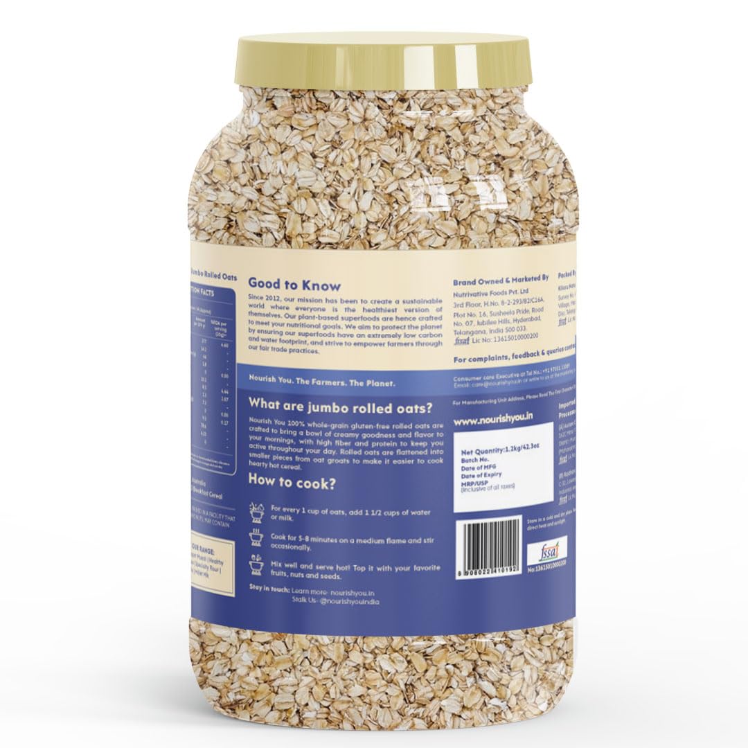 Nourish You Jumbo Rolled Oats 1.2 + 1.2 kg Super Value Combo offer - 100% Wholegrain Oatmeal | High Fiber & Protein Rich Healthy Breakfast Cereal | Diet Food for Weight Management | Gluten Free | No Added Sugar | 1