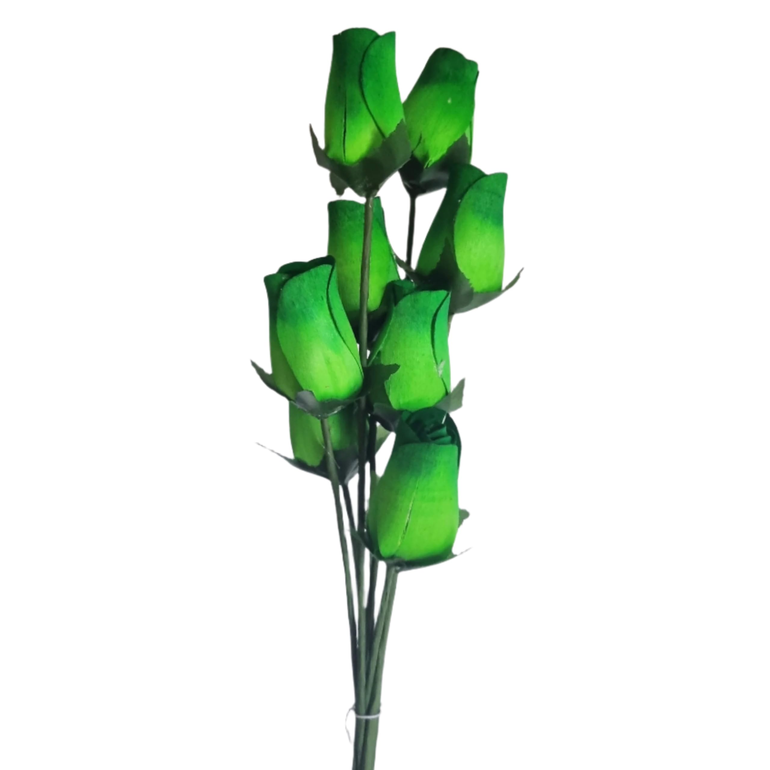 Homestreet Wooden Roses In Many Colours - 8 Single Rose Bud Stems Tied In A Bunch - Quality Small Flower Display (Green/Dark Green Tip)
