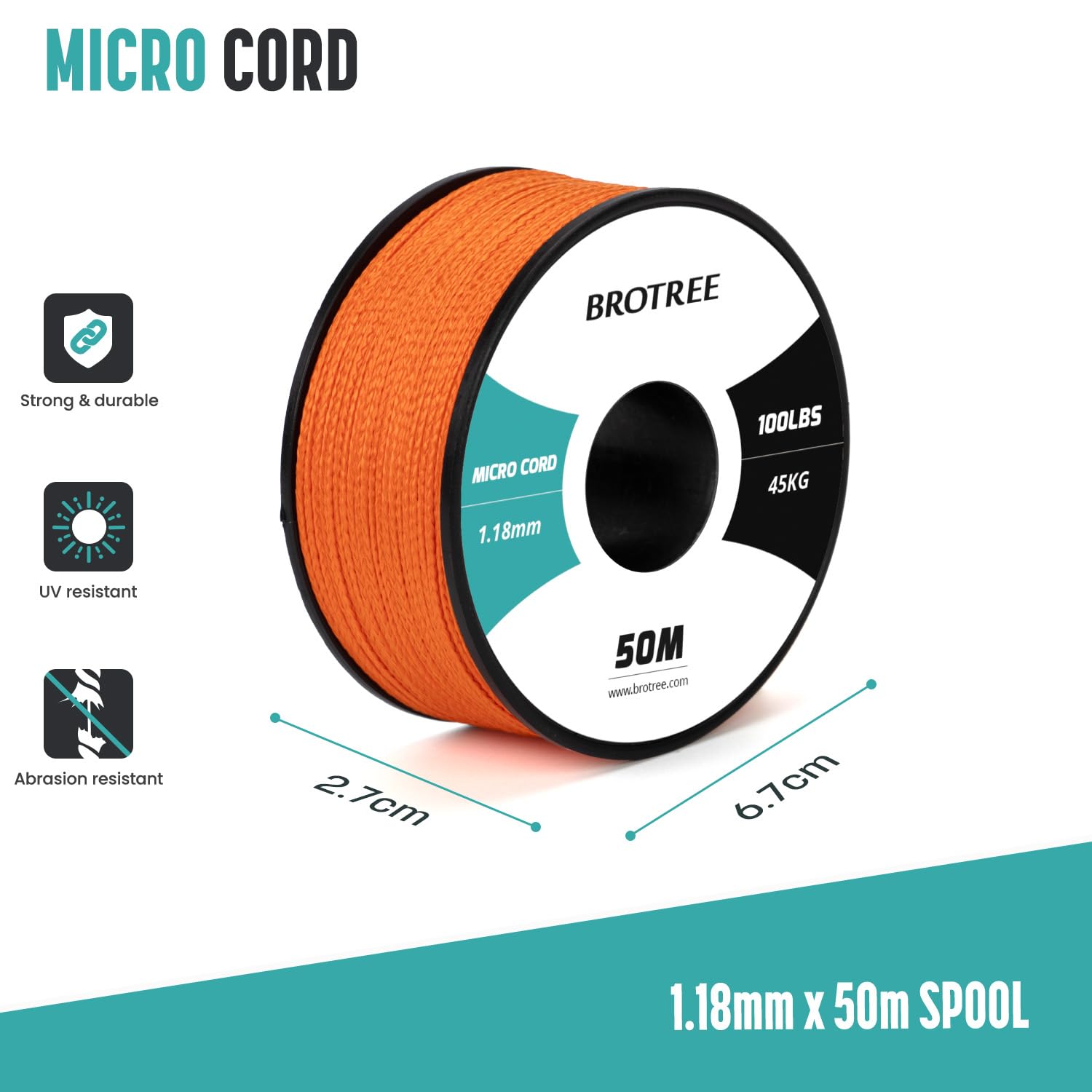 Brotree Micro Corda Paracord 1,18 mm 50M Bobina per Bracciale, Artigianato, Fai da te - 45 kg Carico di Rottura (Arancione)