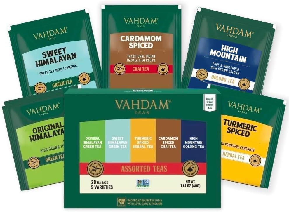 VAHDAM, Assorted Tea Sampler Variety Pack (5 Flavors, 20 Tea Bags) Christmas Gifts 2024 Ideas - Green Tea, Chai Tea, Herbal Tea | Gifts For Women, Men and Adults
