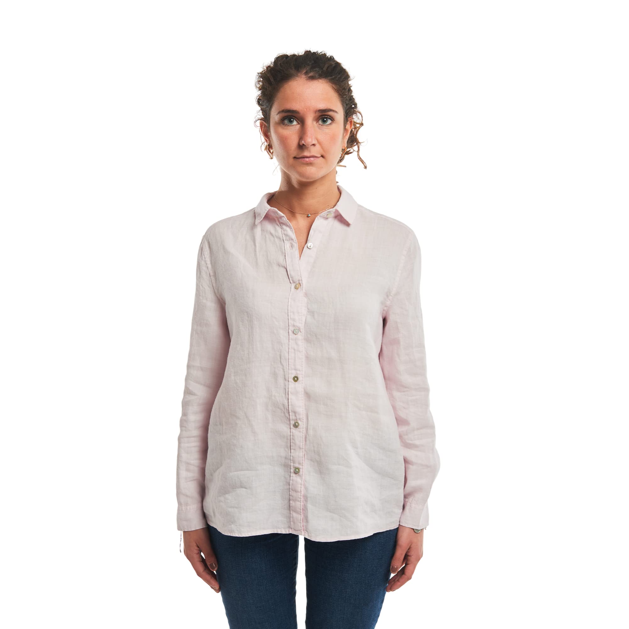 Camicia da Donna in Puro Lino, Elegante Bottoni Davanti, Collo Classico, dalla S alla XXL, in Cinque Fantasie o Tinta Unita, Bianca, Beige, Rosa, Blu, A Righe