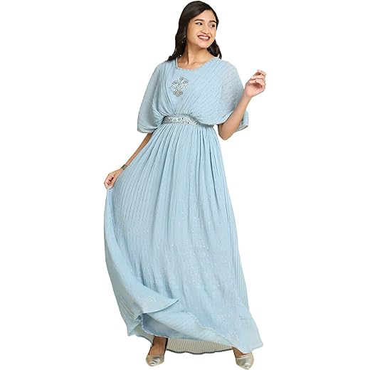 madhuram Women's Long Gown for Solid Georgette with Heavy Embroidery and Hand Work Belt with Round Neck Gown(M-2408)