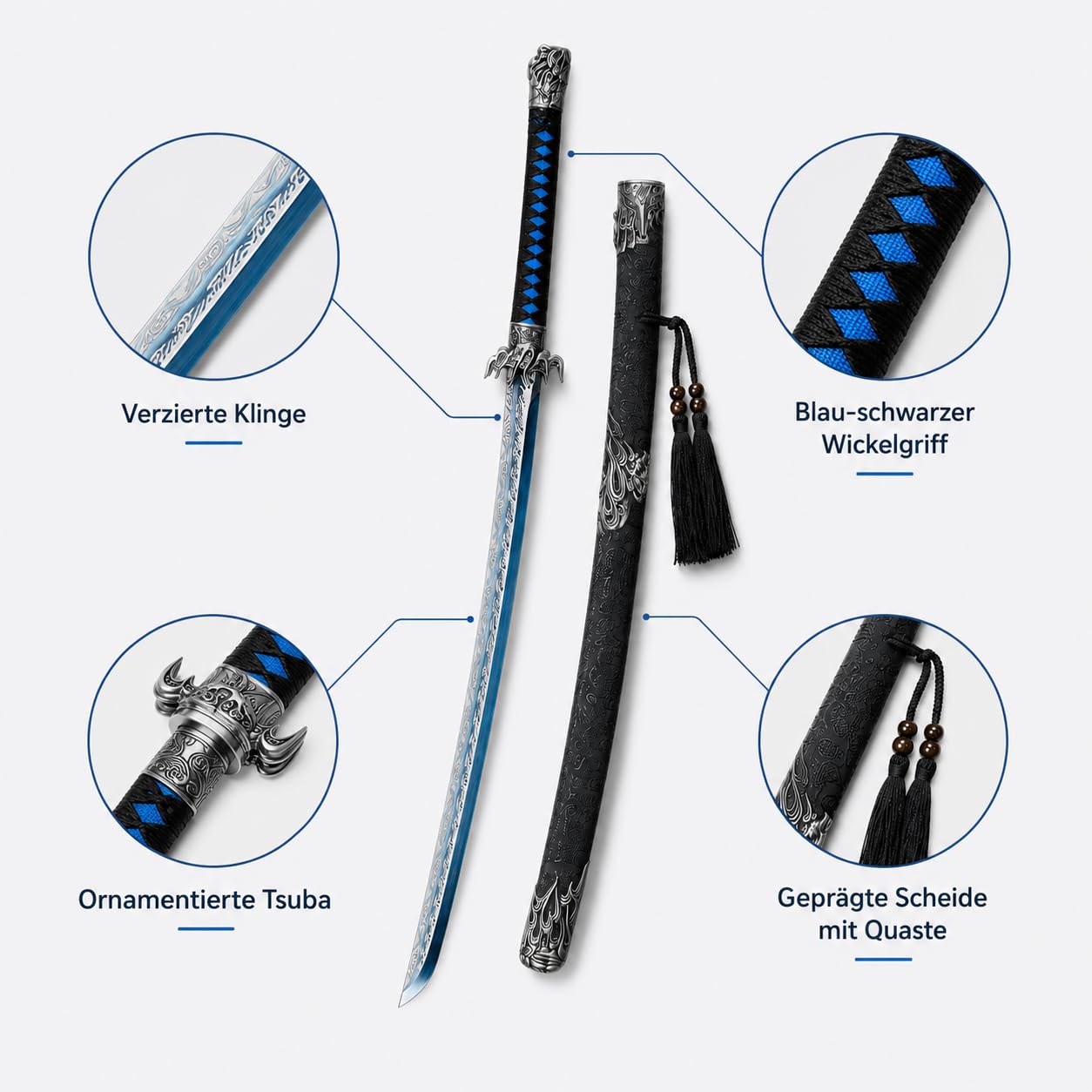 Katana Samurai Schwert - Japanisches Dekorationsschwert mit Blauer Klinge & Gravuren - Ungeschliffene Edelstahlklinge - ABS-Scheide - Perfekt für Sammler & Anime Deko