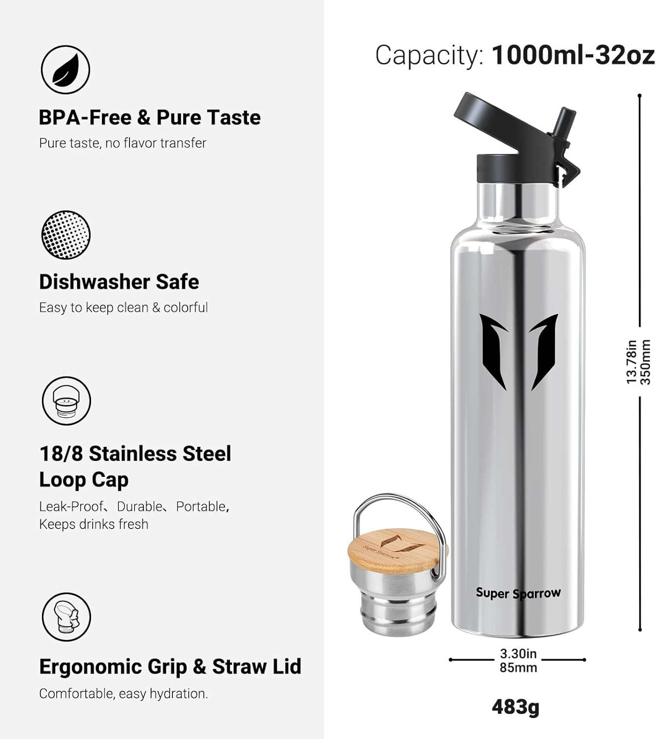 Super Sparrow Gourde Isotherme Inox 350ml-1L – Bouteille Étanche sans BPA avec 2 Bouchons Interchangeables, Chaud 6h / Froid 12h - Image détaillée
