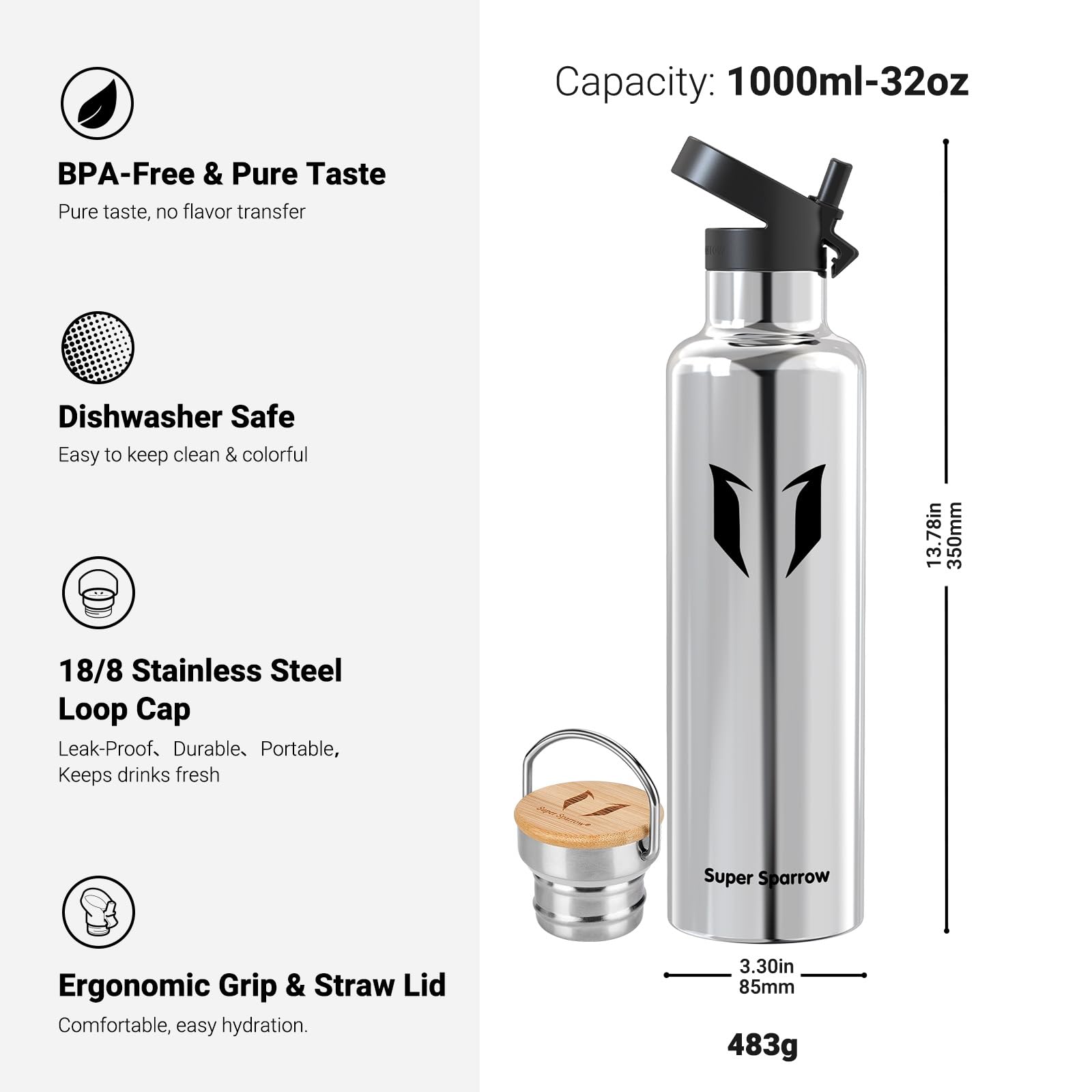 Super Sparrow Borraccia Termica - Bottiglia Termica Senza Perdite - 350ml/500ml/620ml/750ml/1L - Senza BPA Borracce Bambini - Per Scuola, Sport, Campeggio, Palestra, Ciclismo - Con 2 Tappi