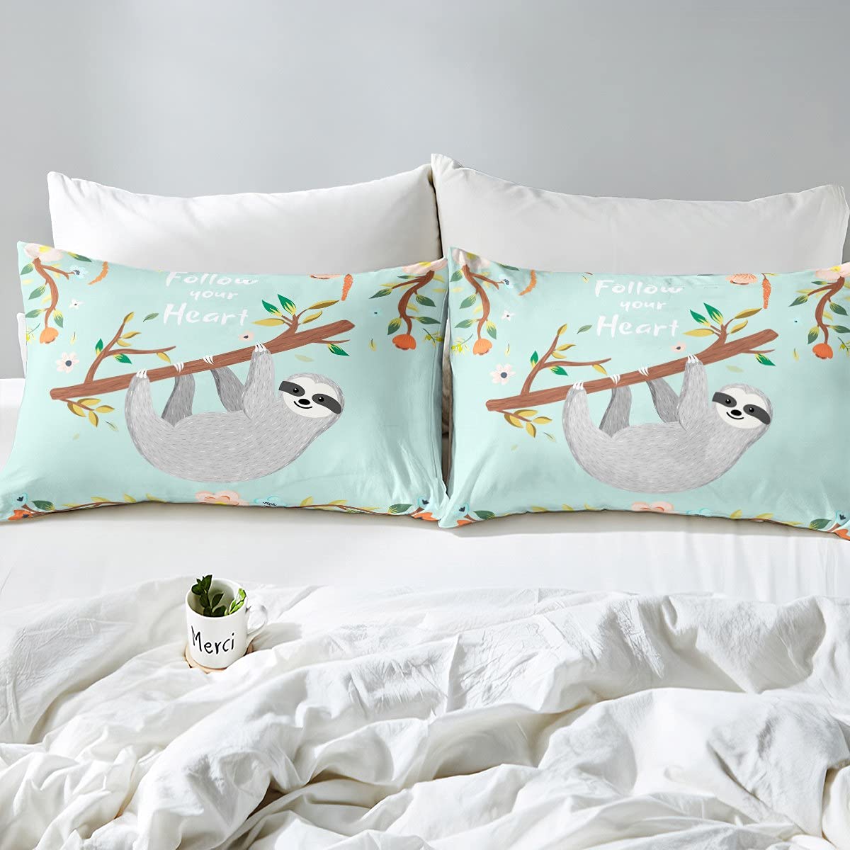 Loussiesd Cute Sloth Print Bedding Single Kids Bedding Set For Girls Boys Women Sloth Animal Duvet Cover Set Tropical Plants Petals Branches Pattern Beds Set Of 1 Pillowcase - Image 3