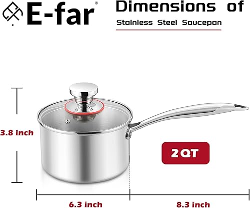 Miniatura 2 de E-far Cacerola de 2 cuartos de galón, sartén de acero inoxidable de tres capas con tapa de vidrio, pequeña olla de inducción de cocción compatible
