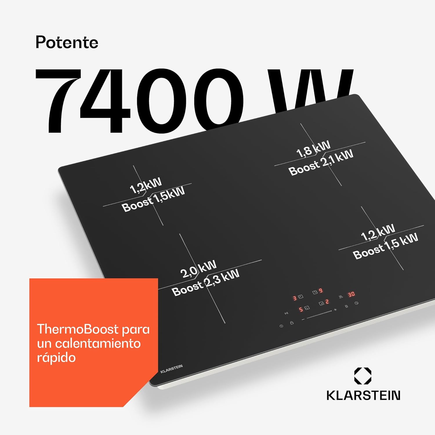 Close-up of Klarstein PowerGlide induction hob displaying power levels for each zone, including boost.